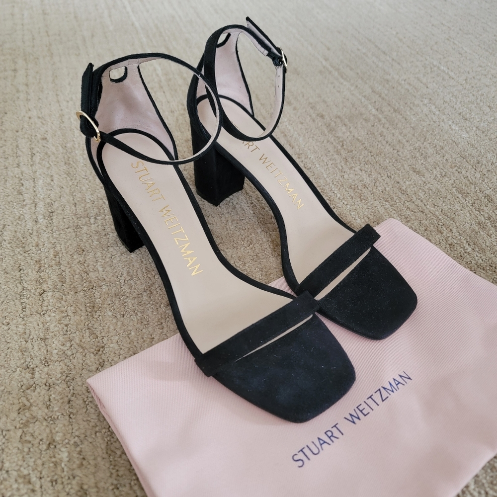 Stuart Weitzman Black Suede Nudistcurve Block Heel Sandals 75MM, Size 8